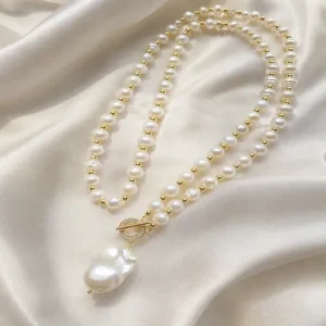 9-10mm round pearl necklace 18k gold with baroque pearl pendant